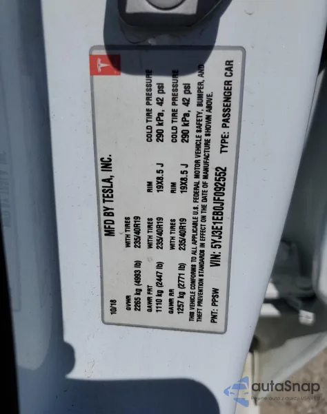 2018 Tesla Model 3 from USA, damaged, VIN 5YJ3E1EB0JF092552